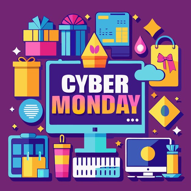 Una ilustración colorida de la venta del Cyber Monday con cajas de regalos, bolsas de compras y pantallas de computadora