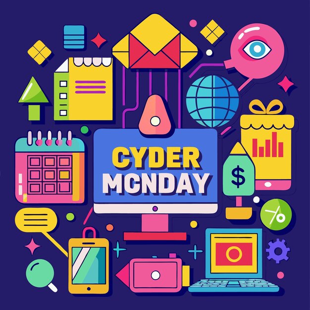 Ilustración colorida de la venta del Cyber Monday con íconos de tecnología de compras y ofertas