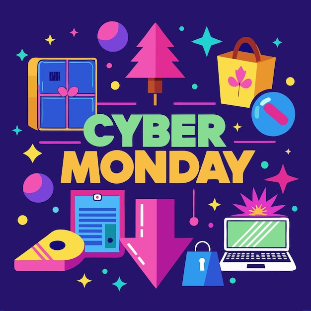 Ilustración colorida de la venta del lunes cibernético con una bolsa de compras de computadora y una flecha