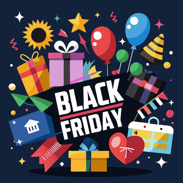 Ilustración colorida de la venta del Viernes Negro con globos de regalos y confeti
