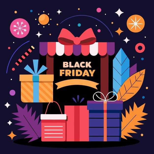Una ilustración colorida de una venta del Viernes Negro con regalos, una bolsa de compras y un fondo festivo