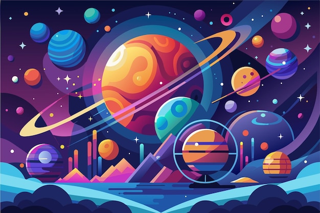 Vector ilustración colorida de una vibrante escena espacial estilizada con varios planetas caprichosos con anillos y lunas en un telón de fondo de estrellas y formaciones de nubes giratorias