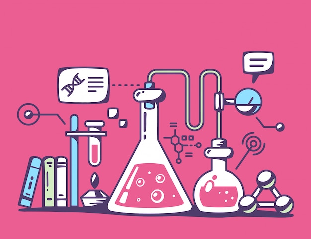 Ilustración de coloridos frascos de laboratorio químico sobre fondo rojo.