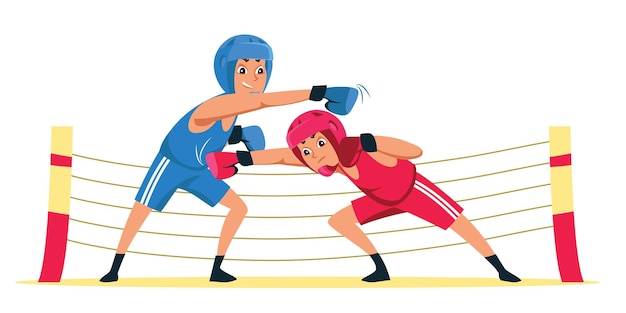 Ilustración de combate de boxeo aficionado atletas jóvenes en guantes y cascos protectores luchando Combatientes en entrenamiento de entrenamiento de ropa deportiva