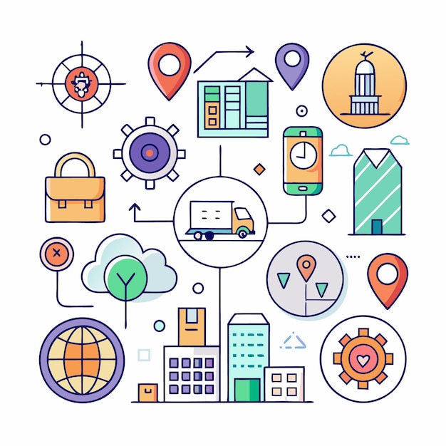 Ilustración comercial colorida con iconos para el edificio de la ubicación de entrega y más