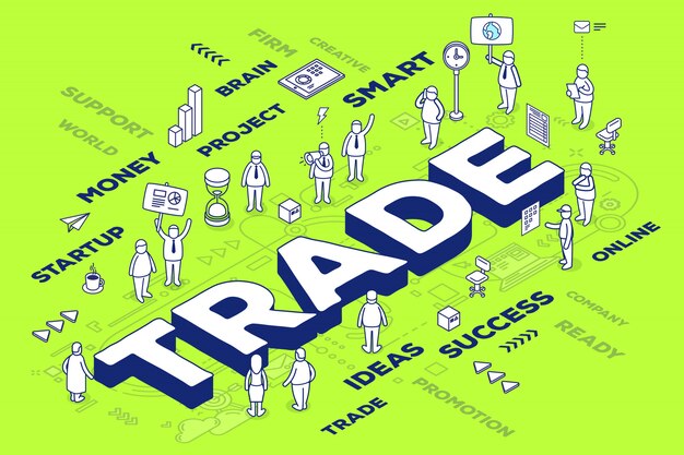 Ilustración del comercio tridimensional de palabras con personas y etiquetas sobre fondo verde con esquema.