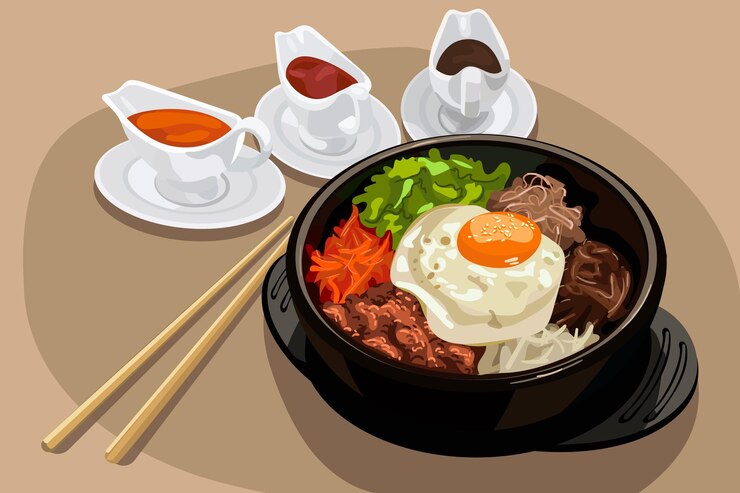 Vector ilustración de comida asiática pibimpap con salsas y palillos sobre un fondo neutro con manchas
