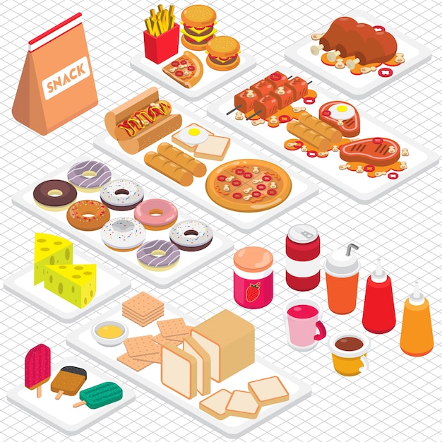 Vector ilustración de comida chatarra gráfica en gráfico isométrico 3d