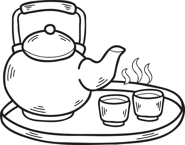 Ilustración de comida china y japonesa de tetera dibujada a mano
