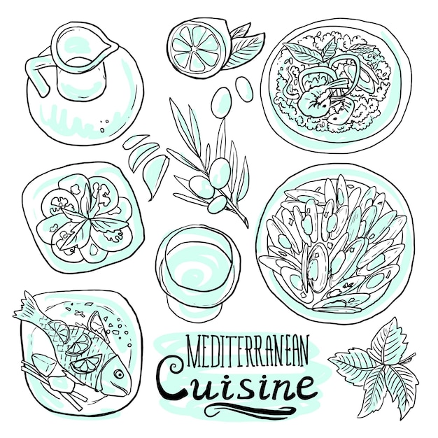 Ilustración de comida de cocina mediterránea sobre fondo blanco