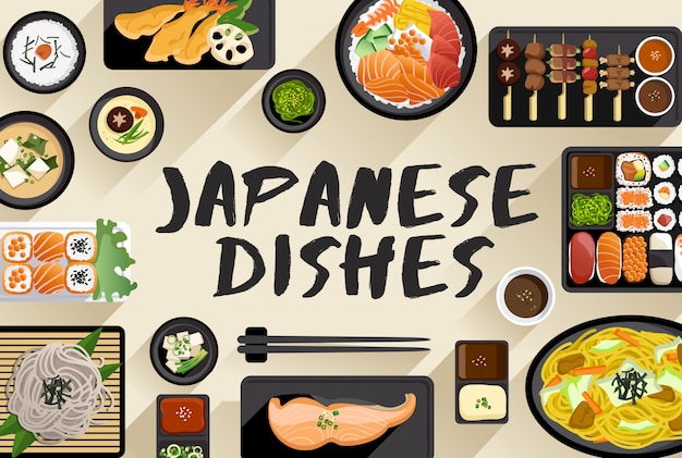 Ilustración de comida de comida japonesa en la ilustración de Vector de vista superior