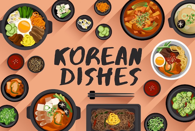 Ilustración de comida coreana en la vista superior Ilustración vectorial