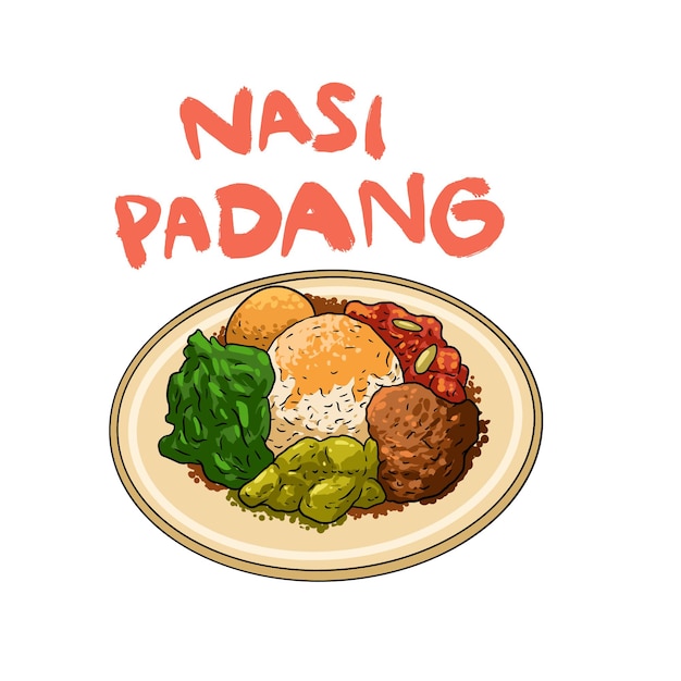 Ilustración de comida deliciosa de Nasi Padang en el menú vectorial de platos tradicionales de Indonesia