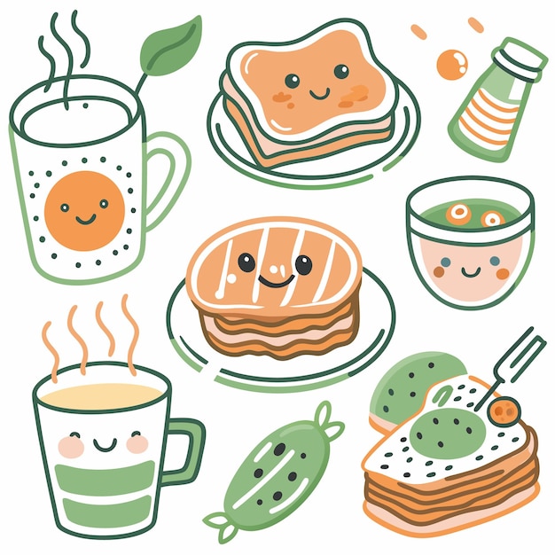 Ilustración de comida de dibujos animados con tazas, tostadas y pasteles