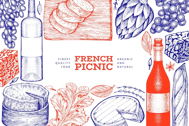 Ilustración de comida francesa. ilustraciones de comida de picnic dibujadas a mano. bandera de bocadillos y vinos diferentes de estilo grabado. fondo de comida vintage.