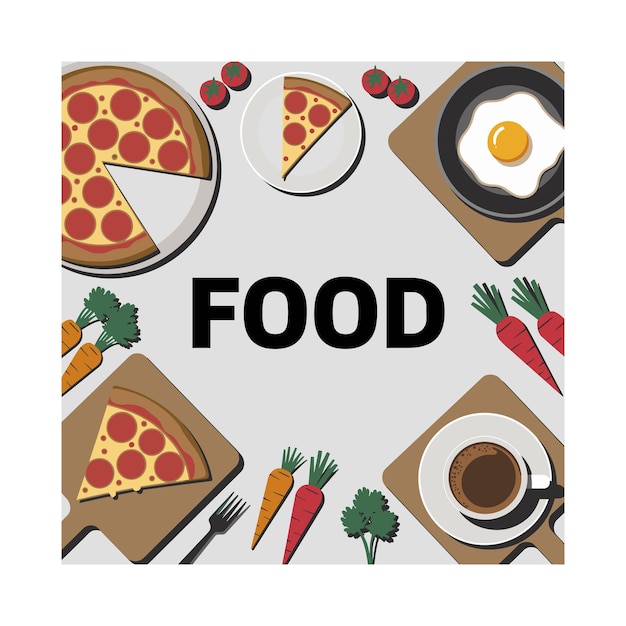 Ilustración de comida con huevos de pizza, café y verduras
