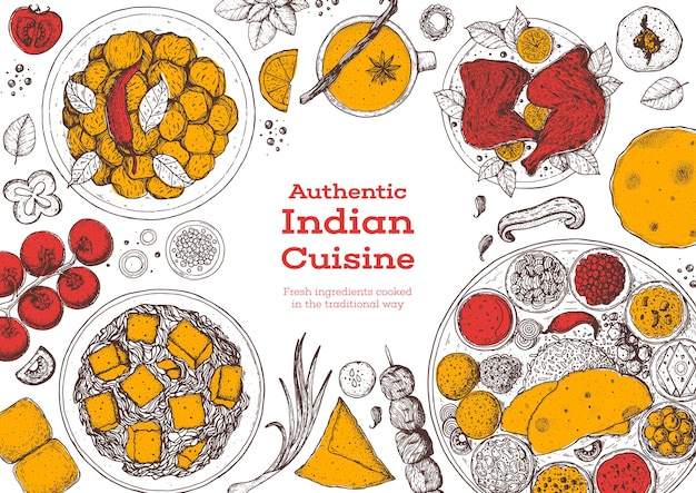 Ilustración de comida india Boceto dibujado a mano Cocina india Colección de garabatos Ilustración vectorial