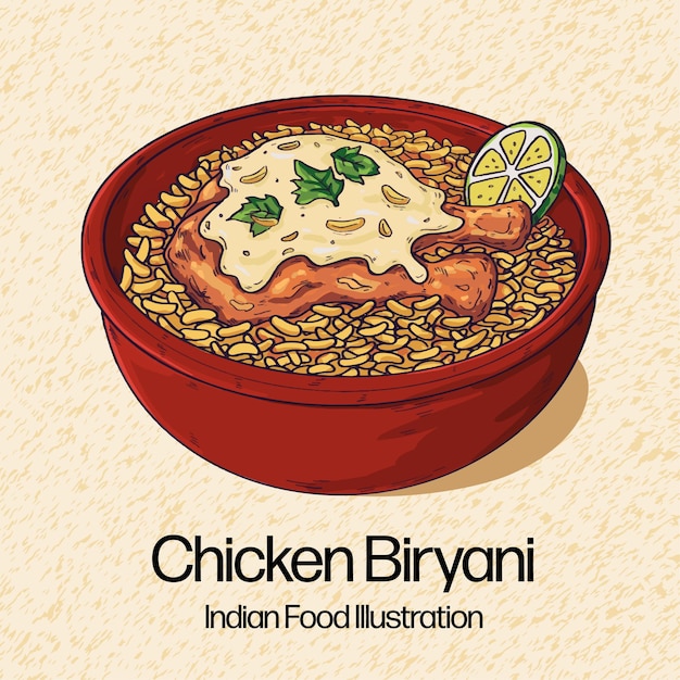 Ilustración de comida india dibujada a mano pollo Biryani