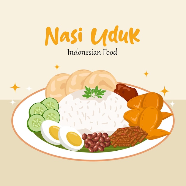 Ilustración de comida indonesia dibujada a mano por nasi uduk