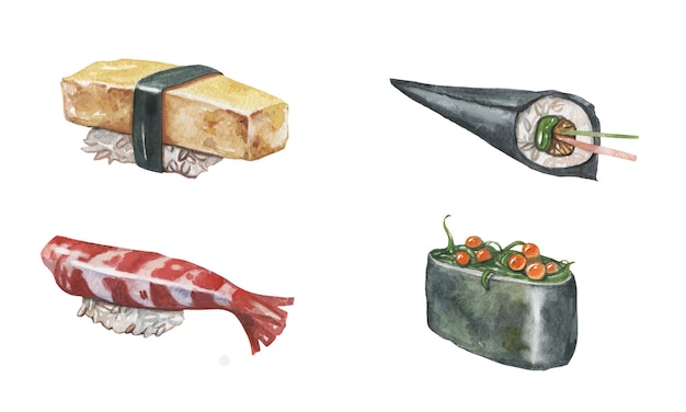 Ilustración de comida japonesa en acuarela. Dashimaki, temaki, tamagi, gunkan nagiri conjunto dibujado a mano.