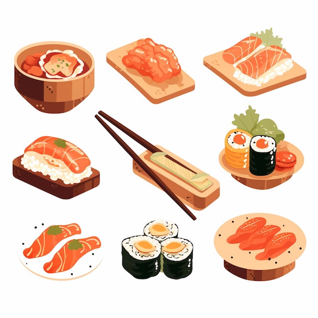 Ilustración comida japonesa asiática Japón vector cocina asiática diseño sushi comida dibujos animados res