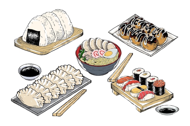 Ilustración de comida japonesa dibujada a mano