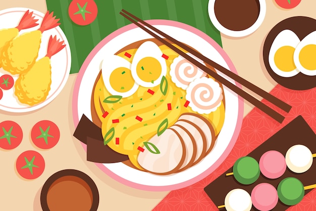 Ilustración de comida japonesa dibujada a mano