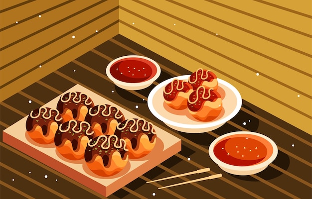 Vector ilustración de comida japonesa takoyaki