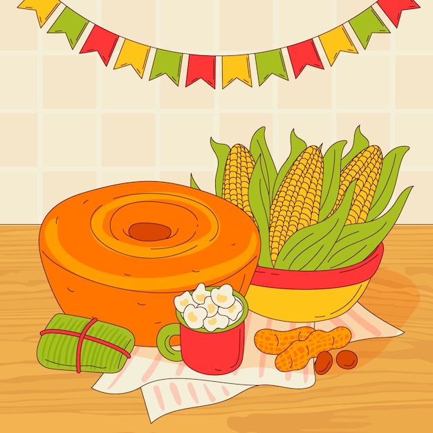 Vector ilustración de comida junina dibujada a mano