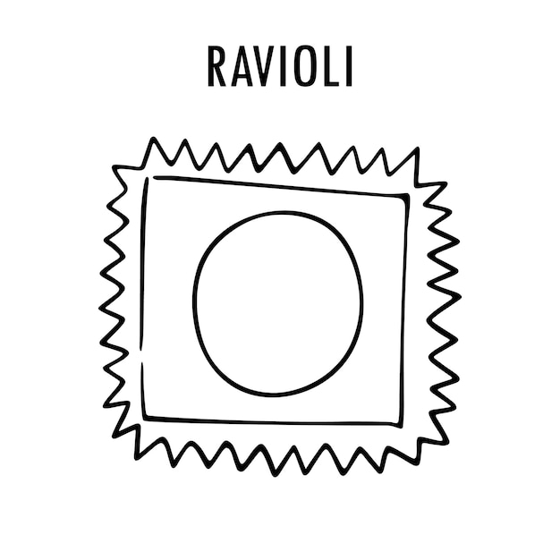 Ilustración de comida de pasta ravioli dibujada a mano con líneas de arte gráfico de pasta italiana rellena