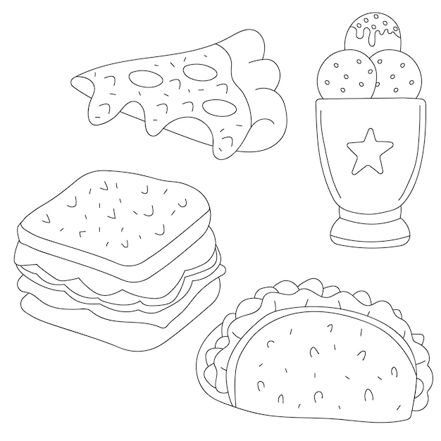 Ilustración de comida pizza sándwich de helado y taco