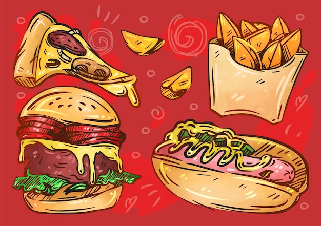 Ilustración de comida rápida Boceto dibujado a mano Pizza hamburguesa patatas rústicas perrito caliente