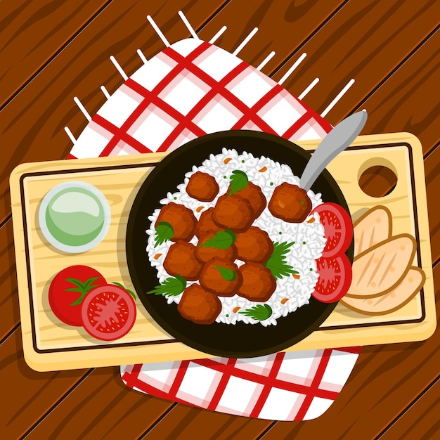 Vector ilustración de comida reconfortante con arroz y albóndigas