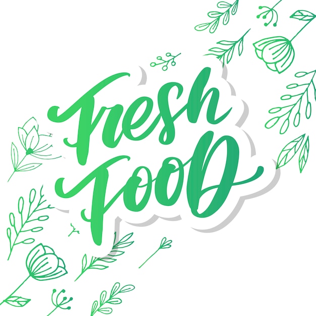 Ilustración, comida. Rotulación a mano para restaurante, menú de cafetería, granja y tienda. Elementos para etiquetas, logotipos, insignias, pegatinas o iconos. Colección caligráfica y tipográfica. Comida fresca