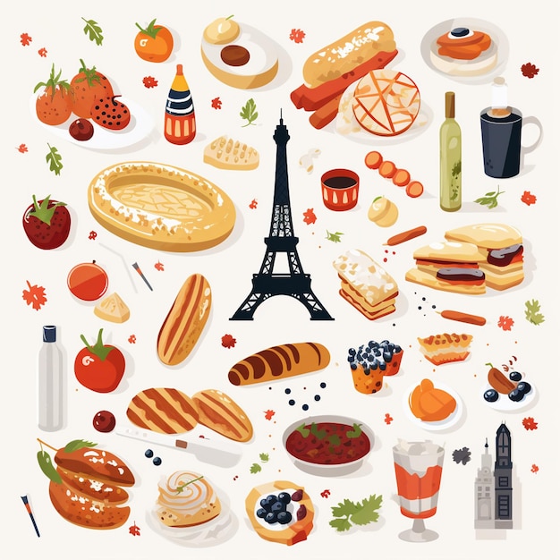 Ilustración de comida vectorial menú de restaurante conjunto hamburguesa merienda francesa icono de comida de carne pizza h