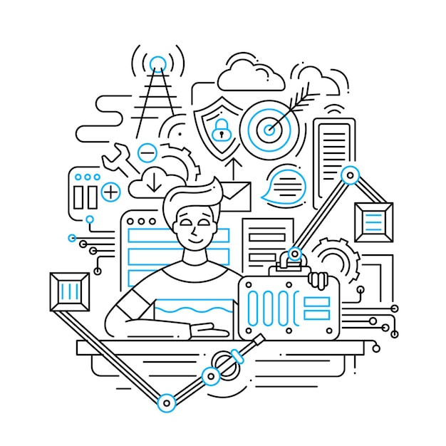 Ilustración de la composición de la estrategia de solución de problemas de línea moderna y elementos de infografía con un hombre que sugiere una solución lista para usar