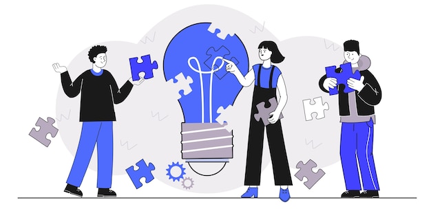 Ilustración de composición de negocios con algunos personajes trabajando en nuevas ideas