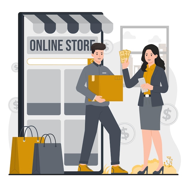 Ilustración de compras en línea que muestran la conveniencia, la asequibilidad y las infinitas opciones de productos