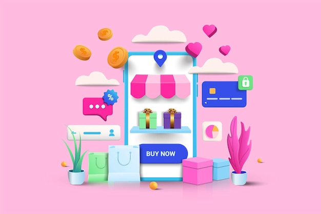 Vector ilustración de compras en línea sobre fondo rosa