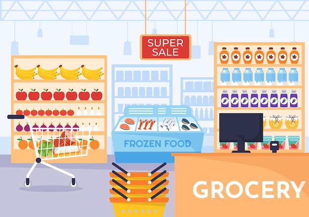 Ilustración de compras en la tienda de comestibles con alimentos y surtido de productos en el supermercado