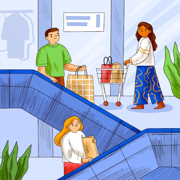 Ilustración de compras en una tienda dibujada a mano