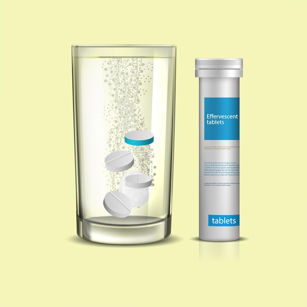 Vector ilustración de comprimidos redondos solubles en un vaso de agua y un recipiente para ellos