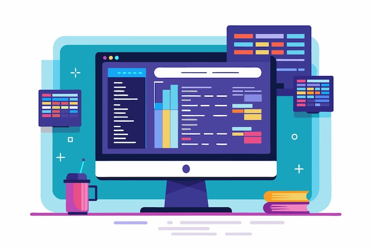 Vector una ilustración de una computadora de escritorio que muestra gráficos y gráficos de datos en la pantalla con iconos de colores y una pila de libros a su lado