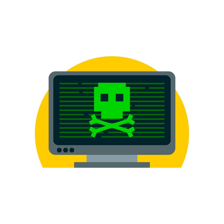Vector ilustración de una computadora de monitor con ilustración de vector de tema de pirata informático de cráneo verde