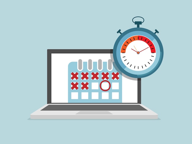 Ilustración de la computadora portátil con calendario y calendario de cronómetro