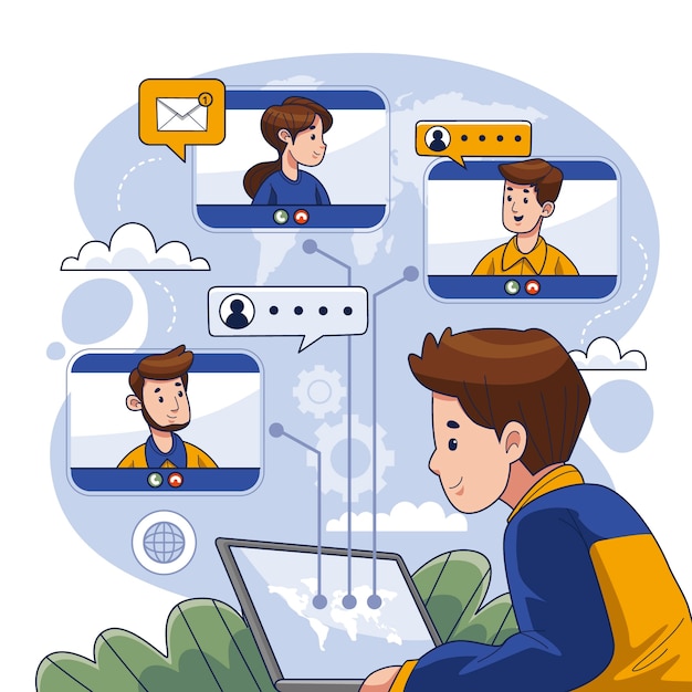 Ilustración de comunicación en línea dibujada a mano