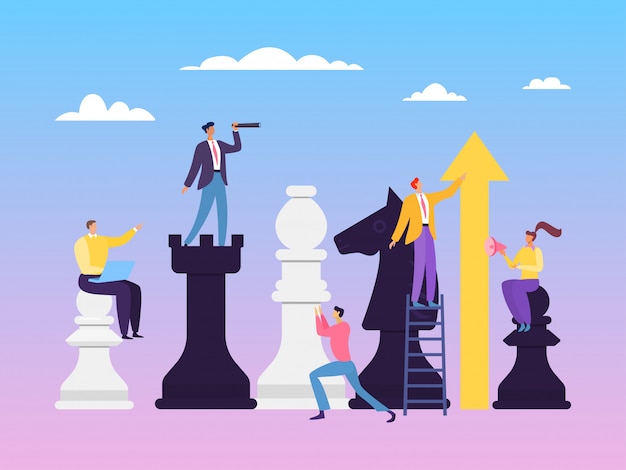 Ilustración de concepto de ajedrez de estrategia empresarial. La capacidad de trabajar en equipo depende de roles de distribución claros y competentes.