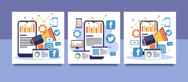Vector ilustración de concepto de análisis de datos y redes sociales de marketing digital