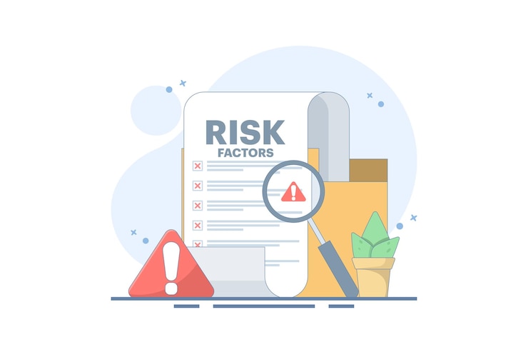 Vector ilustración del concepto de análisis de factores de riesgo con documento y lupa y señal de advertencia
