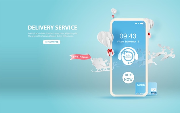 Ilustración del concepto de aplicación de servicio de entrega en línea de smartphone. Temporada de Navidad feliz. Corte de papel y estilo artesanal.